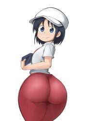 1girls ass_focus ass_visible_through_thighs black_hair blue_eyes camera city_(arawi_keiichi) closed_mouth digital_camera female female_only hat holding_camera huge_ass izumi_wako looking_at_viewer necktie red_necktie red_skirt shirt short_hair simple_background smile solo solo_female swadac30 white_background white_hat white_shirt