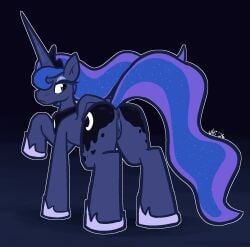 1_horn 2026 alicorn anus ass blue_body blue_eyes blue_fur blue_hair clitoris equid equine feathers female feral friendship_is_magic frown fur genitals grey_hooves hair half-closed_eyes hasbro hi_res hooves horn long_horn looking_back mammal my_little_pony mythological_creature mythological_equine mythology narrowed_eyes princess_luna_(mlp) pupils purple_body purple_feathers purple_fur purple_hair purple_vulva raised_leg rear_view solo thick_thighs ultilix vulva wings