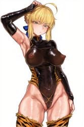 ai_assisted armpits artoria_pendragon bodysuit breasts fate_(series) leotard naked plushyplant pussy sweat