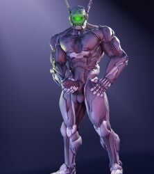 1boy android appleseed briareos cyborg green_eyes hands_on_hips looking_at_viewer male male_only multiple_eyes muscular muscular_male outofnecessity photoshoot pinup posing presenting_penis robot robot_humanoid showing_off simple_background solo solo_male