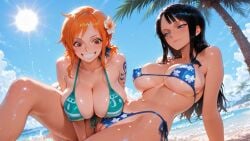 2girls ai_generated big_ass big_breasts bikini black_hair breasts eyewear_on_head female female_on_bikini female_only large_breasts long_hair multiple_females multiple_girls nami_(one_piece) navel nico_robin nipples one_piece orange_hair outdoors pink_nipple queenary sitting smiling sunglasses swimsuit tagme tattoo