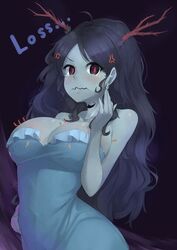 angry antlers black_background black_hair blue_dress blush blushing breasts brown_horns dress female female_only frown grey_skin horns long_hair lubella_dim momodora momodora:_reverie_under_the_moonlight monster_girl red_eyes solo solo_female text video_games witch