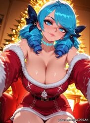 2025 ai_generated alternate_costume anime bangs bare_shoulders belt black_bow blue_eyes blue_hair blush bow breasts choker christmas christmas_tree cleavage closed_mouth collarbone crossover detached_sleeves dress drill_hair eye_contact female female_focus flushed fur_trim green_eyes gwen_(league_of_legends) hairbow heart highres huge_breasts indoors inside large_breasts league_of_legends long_hair looking_at_viewer neutral_expression nsfw patreon red_dress riot_games rognezart santa_costume shiny shiny_hair shiny_skin sitting smile smiling solo symbol-shaped_pupils twin_drills twintails very_long_hair