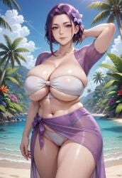 1girls ai_generated arm_behind_head bandeau beach bikini blush bolero bursting_breasts cameltoe cowboy_shot earrings female flower_in_hair grok hair_strand island lagoon massive_breasts one_leg_forward palm_tree purple_eyes rgomez007 sarong see-through_clothing short_hair solo_female standing thick_thighs tight_clothing tropical underboob water_body wide_hips