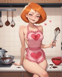 1girls ai_generated ann_possible bare_arms bare_legs bare_shoulders blue_eyes blush bowl breasts chocolate chocolate_making chocolate_on_face counter crossed_legs disney female frilled_apron frills heart heart_apron holding_object indoors kim_possible kitchen licking_lips looking_at_viewer mature_female medium_breasts melted_chocolate naked_apron notreallyhere orange_hair seductive short_hair sitting solo valentine's_day whisk