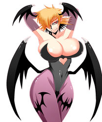 1girls blonde_hair breasts busty cleavage clothing cosplay darkstalkers hair_over_one_eye hellsing hikora huge_breasts large_breasts morrigan_aensland_(cosplay) pantyhose red_eyes seras_victoria short_hair succubus tag tagme thunder_thighs vampire voluptuous wings