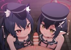 1boy 2girls animal_ear_fluff animal_ears ayane_(blue_archive) ayane_(idol)_(blue_archive) bar_censor bare_shoulders black_gloves black_hair black_hat blue_archive blush breasts cat_ears censored closed_mouth commentary_request erection ffm_threesome fingerless_gloves flower from_above gloves group_sex hair_between_eyes hair_flower hair_ornament halo hat highres large_variant_set long_hair looking_at_viewer multiple_girls official_alternate_costume paid_reward_available peaked_cap penis pointy_ears pov pov_crotch red_eyes robo_mikan sensei_(blue_archive) serika_(blue_archive) serika_(idol)_(blue_archive) short_hair small_breasts smile straight threesome variant_set yellow_eyes