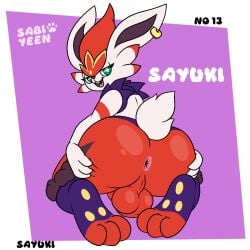 anthro anus ass balls bedroom_eyes big_butt big_ears blue_eyes cinderace digital_media_(artwork) ear_piercing ear_ring feet foot_focus fur generation_8_pokemon genitals half-closed_eyes hi_res looking_at_viewer looking_back male mammal narrowed_eyes nintendo nude open_mouth piercing pokemon pokemon_(species) rear_view red_body red_fur ring_piercing seductive simple_background smile solo spread_butt spreading tail teeth thick_thighs toes tongue white_body white_fur woofington_gator