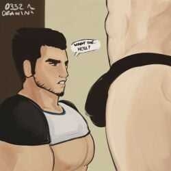 abs bara bara_tits beard big_pecs bulge d33zdrawin facial_hair gay gay_anal lucas_lee male/male muscles pecs scott_pilgrim speedo