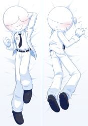 blush blush_lines blushing_at_viewer body_pillow body_pillow_design bodypillow bulge bulge_through_clothing business_attire business_man business_suit businesswear cartoony clothed clothing dakimakura dakimakura_design frums laying laying_down laying_on_back laying_on_bed laying_on_stomach male male_only on_bed options_(frums) questionable shy solo solo_focus suit suit_and_tie suit_jacket sweat sweatdrop