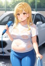 1girls ai_generated blonde-haired_female blonde_female blonde_hair car chubby chubby_female female female_focus female_only outdoors outside plump see-through see-through_clothes see-through_clothing see-through_shirt solo solo_female solo_focus standing wet wet_body wet_clothes wet_clothing wet_shirt