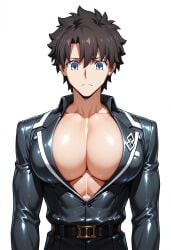 1boy ai_generated apron artist_request black_hair blue_eyes fate_(series) fujimaru_ritsuka_(male) light_skin male_only simple_background skin_tight skin_tight_outfit sole_male solo type-moon white_background