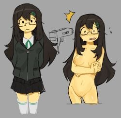 1girls areolae blood_debt blush breasts character_request clothed embarrassed gun gunpoint naked_female nervous nervous_sweat nipples nude pussy roblox roblox_game robloxian sweat tagme thighs