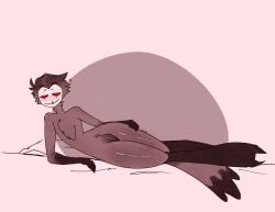 0rionbutsus absurd_res anthro avian bedroom bird black_claws claws demon feathers genitals glistening_thighs hellaverse helluva_boss hi_res hybrid lying male male/male on_side penis presenting presenting_penis red_eyes royalty shiny_thighs skinny stolas_(helluva_boss) thick_thighs