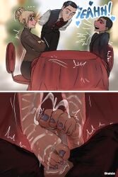 1girls 2boys casual clothed clothing comic couple couple_(romantic) cum cum_from_footjob cum_on_feet cumming dialogue feet foot_fetish foot_focus footjob footjob_under_table fully_clothed hi_res okaleia original original_artwork original_character romantic speech_bubble tagme under_the_table