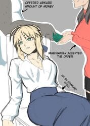 1boy 2girls aima_zero artoria_pendragon artoria_pendragon_(fate) before_sex command_spell dark-skinned_male faceless_male fate/stay_night fate_(series) interracial mind_control money paying prostitution saber text tohsaka_rin