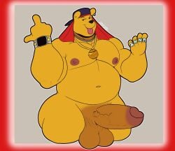 2023 anthro ass backwards_baseball_cap backwards_hat balls baseball_cap bear big_balls big_butt big_muscles big_pecs big_penis brass_knuckles clock clothing disney ear_piercing eyebrows genitals gesture hand_gesture hat headgear headwear hi_res jewelry looking_at_viewer male male_only mammal melee_weapon middle_finger musclegut muscular necklace pecs penis piercing pooh_bear raised_eyebrow solo thick_thighs thug_pooh_bear_(yifforroarts) tongue tongue_out watch weapon winnie_the_pooh_(franchise) wristwatch zackdadawg