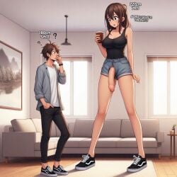 ai_generated big_penis clothed clothing flaccid flaccid_penis foreskin futa_on_male futadom futanari hanging_penis height_difference huge_cock large_penis larger_female penis shorter_male shorts size_difference smaller_male sneakers spalela tall tall_female taller_female taller_girl text unaware vans wardrobe_malfunction