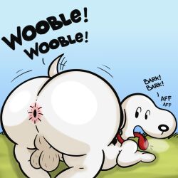 anus ass ass_up balls barking beagle big_butt breath butt_focus canid canine canis collar domestic_dog fur genitals happy hi_res hunting_dog lying male mammal nude panting peanuts_(comic) pinup pose scent_hound seductive shaking_butt snoopy solo tail tail_motion white_body white_fur
