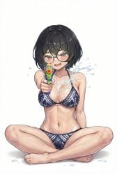big_breasts bikini breasts censored female female_only glasses nerd short_hair tagme wet white_background