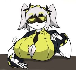 1girls annoyed_expression breast_on_table breasts female_focus female_only grey_hair j_(murder_drones) murder_drones pace-maker tabel white_background