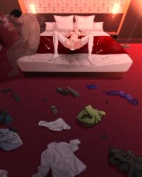 1boy after_sex age_difference asahiyama_high_school_uniform big_breasts black_ribbon breasts butterfly_hair_ornament cigarette clothes_on_floor commentary_request condom cum cum_in_pussy cumdrip dark-skinned_male eruu_(eruuman) female female_pubic_hair fucked_silly go-toubun_no_hanayome hair_ornament hair_ribbon highres holding holding_cigarette hotel_room indoors interracial large_breasts light-skinned_female nakano_nino navel nipples nude on_bed paid_reward_available pink_hair pointless_condom pubic_hair pussy ribbon school_uniform smoking straight sweat thighhighs unworn_clothes used_condom white_thighhighs