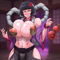 big_ass big_breasts boobs_bigger_than_head half_naked huge_breasts kimono_pull molestation nipple_play nipples_outside original_character purple_eyes sexy_body