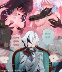 3girls arlecchino_(genshin_impact) columbina_(genshin_impact) dominant_female fantasy furina_(genshin_impact) genshin_impact hands_on_breasts horny_female kudayunii lesbian_sex multiple_girls open_mouth perky_breasts purple_hair sex small_breasts submissive_female thought_bubble white_hair yuri