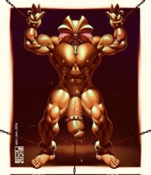 chained chained_ankles chained_penis chained_wrists duel_monster egyptian exodia exodia_the_forbidden_one golden_armor huge_balls huge_cock jezz_mons_nsfw male_only muscular muscular_male precum_drip simple_background solo veiny_penis yu-gi-oh!