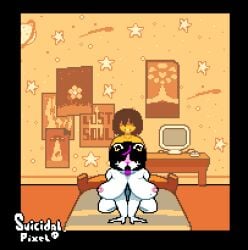 1girls 1other 2d ambiguous_penetration animated bed bedroom big_thighs black_hair catti_(deltarune) deltarune doggy_style from_behind furry furry_with_non-furry human human_on_anthro kris_(deltarune) large_breasts pixel_art sex suicidalpixel tongue_out