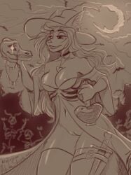 aleksikashvets anthro bone bottle breasts cat_nose choker clitoral_hood clitoris clothed clothing cloud container corset_dress costume dagger domestic_cat emotional eyebrow_through_hair eyebrows eyelashes eyelashes_through_hair felid feline felis female female_anthro female_focus fingers fluffy fluffy_tail forest forest_background front_view fur genitals glass_bottle hair half_naked halloween halloween_costume hat headgear headwear hi_res holding_bottle holding_container holding_object holding_skull holidays inner_ear_fluff jewelry knife leg_belt legwear light light_eyes long_ears long_hair mammal medium_breasts melee_weapon moon moonlight nature nature_background navel necklace night nipples no_bra no_underwear open_dress outside pendant plant potion potion_bottle robe scabbard shadow simple_background skeleton skimpy skimpy_dress skull sky smile solo stockings tail teeth teeth_showing thick_thighs translucent translucent_hair tree tuft vulva weapon witch_costume witch_hat