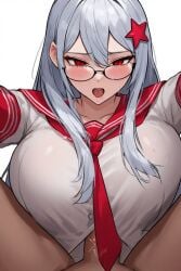 ai_generated big_breasts blush glasses loji red_eyes silver_hair titjob