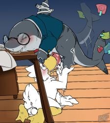 2_penises anal anal_orgasm anal_sex anatid animal_genitalia animal_penis anseriform anthro anus aquatic ass avian balls beak benji_(artist) bird blush bodily_fluids closed_eyes clothing cum cum_from_ass cum_in_ass cum_in_mouth cum_inside double_penetration drake_(an_dork) drinking drinking_cum dripping duck duo ejaculation erection eyewear fellatio feral fish furniture genital_fluids genitals glasses hands-free hemipenes hi_res jeff_the_land_shark land_shark_(species) looking_pleasured male male/male male_penetrated male_penetrating mammal marvel marvel_rivals multi_genitalia multi_penis nude oral oral_penetration orgasm penetration penile penis saliva saliva_drip saliva_string sex shark solo tail teeth tongue under_table_oral under_the_table