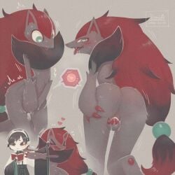 >_< 1:1 2026 accessory ambiguous_gender ambiguous_humanoid anthro ass bedroom_eyes begging_for_sex big_butt biped black_body black_fur black_hair blep blush blush_lines bodily_fluids book censor_bar censored censored_genitalia censored_vulva chest_tuft claws closed_eyes clothed clothed_ambiguous clothed_humanoid clothing covering covering_crotch cutaway dated digital_drawing_(artwork) digital_media_(artwork) digitigrade disinterested drooling duo elf fake_horns female female_anthro fingering fingering_self flat_chested flying_sweatdrops front_view fur furry generation_5_pokemon genital_fluids genitals green_eyes grey_background grey_body grey_butt grey_fur hair hand_on_butt hand_on_own_butt headband heart_pupils hi_res humanoid humanoid_pointy_ears iimia in_heat ineffective_censorship japanese_description kneeling leaking_vagina leaning leaning_forward long_hair looking_at_viewer masturbation narrowed_eyes nintendo nude nude_anthro nude_female ovulating ovum ovum_with_heart pawpads pointy_ears pokemon pokemon_(species) portrait presenting presenting_hindquarters presenting_vulva reading reading_book rear_view red_body red_claws red_fur red_hair red_pawpads rejection saliva seductive sequence shaking_butt short_hair signature simple_background solo_focus sweat sweatdrop three-quarter_portrait three-quarter_view tongue tongue_out tremble_spikes tuft vaginal_fluids vaginal_fluids_on_hand vulva white_body white_fangs white_skin wide_hips zoroark