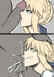 aima_zero artoria_pendragon artoria_pendragon_(fate) blonde_female blonde_hair blowjob command_spell cum_in_mouth dark-skinned_male fate/stay_night fate_(series) green_eyes interracial mind_control saber sucking sucking_penis