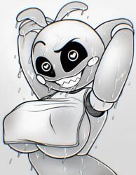 1girls ajolodraw animatronic animatronic_female black_and_white chicken chicken_girl chromatic_aberration female five_nights_at_freddy's five_nights_at_freddy's_2 fnaf phasianid robot robot_girl scottgames solo toy_chica_(fnaf) toy_chica_(love_taste) yellow yellow_skin