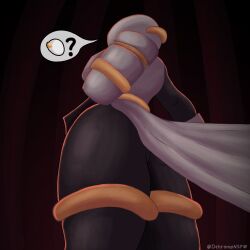 artificer_(risk_of_rain) ass ass_focus big_ass clothed dark_skin dehromansfw gold_jewelry masked_female no_eyes risk_of_rain risk_of_rain_2 upskirt white_clothing white_shirt