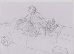 absurd_res anthro car domestic_cat driver driving driving_nude duo erection felid feline felis hi_res hybrid izzym looking_out_window looking_outside lynx male mammal nude one_fang public public_nudity surprised traditional_media_(artwork) vehicle