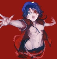 1girls bangs beret blue_eyes breasts bright_pupils commentary_request cute_fang cute_fangs female fingernails hat heterochromia jacket jiangshi looking_at_viewer loose_clothes mismatched_sclera nipples no_bra no_panties ofuda open_clothes open_jacket open_mouth pubic_hair reaching_out red_background red_jacket red_sclera ribs saliva sharp_fingernails short_hair short_sleeves simple_background skinny small_breasts solidstatesurvivor solo toned_belly toned_body toned_stomach topless touhou upper_body wide-eyed yoshika_miyako