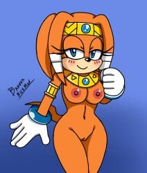 bannerniceman blue_background blue_eyes breasts clothing echidna eyelashes female fur genitals gloves handwear hi_res innie_vulva mammal monotreme nipples nude nude_female orange_body orange_fur pink_nipples sega simple_background solo sonic_(series) sonic_adventure sonic_the_hedgehog_(series) tikal_the_echidna vulva