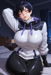 ai_generated arm_behind_head artist_name bandaid bandaid_on_cheek bandaid_on_face bed bedroom black_gloves black_hair black_pants blush breasts curtains futarush gloves head_tilt indoors iso_(valorant) jacket lamp large_breasts lips looking_at_viewer night on_bed pants patreon patreon_username pillow purple_eyes riot_games rule_63 short_hair sitting solo sultryspark valorant white_jacket window