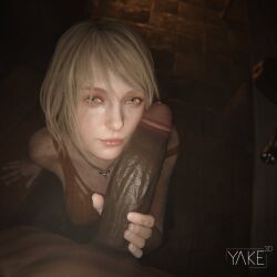 1boy 1girls 3d ashley_graham ashley_graham_(ella_freya) big_penis blonde_female blonde_hair dark-skinned_male dark_skin female female_focus hand_on_penis interracial light-skinned_female light_skin looking_at_viewer penis resident_evil resident_evil_4_remake yakenaris