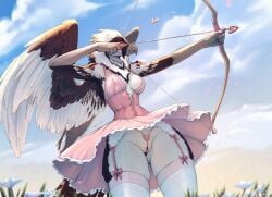 2026 anthro avian beak biped bird breasts claws clothed clothed_anthro clothed_female clothing cloud day digital_drawing_(artwork) digital_media_(artwork) dress feathers female fingers front_view genitals hi_res mergremil outside sky smile solo standing tail vulva wings