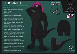 alternate_universe anthro big_penis biped cellphone clothed clothing digital_drawing_(artwork) digital_media_(artwork) electronics english_text eyewear fan_character genitals glasses godzilla godzilla_(series) gradient_background hair hi_res kaiju keychain male male_anthro model_sheet navel non-mammal_navel overlord_gabriel penis phone pink_eyes pink_hair scalie simple_background solo standing text text_box toho