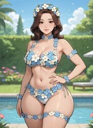 1girls ai_assisted ai_generated armband bikini brown_hair cel_shading female floral_clothing flower_armlet flower_bikini flower_crown flower_garland flower_thigh_strap flower_wreath flowers garden grok hand_on_hip hedge lounge_chair medium_breasts mole_on_breast one_hand_on_hip palm_leaf poolside rgomez007 side-tie_bikini_bottom solo_female stable_diffusion thick_thighs tree wide_hips wreath wrist_flower