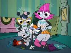 2020s 2022 2d_(artwork) 3girls 4_arms accurate_art_style afro_puffs anthro_on_anthro ball_size_difference big_breasts big_dom_small_sub bigger_dom blowjob_face boots breast_size_difference breasts_out_of_clothes checkered_thighhighs clothed_sex couch dark_blue_hair darkajugin detailed detailed_background digital_media_(artwork) discarded_clothing disney disney_channel doggy_style doggy_style_position enjoying_sex eye_contact eyewear fellatio friends fucked_from_behind fucked_silly furry futanari hand_on_face hand_on_own_breast hand_on_partner's_head handjob_while_penetrated handjob_while_sucking heart_pasties height_difference insect_wings intersex/intersex intersex_penetrating_intersex living_room looking_down_at_partner looking_pleasured looking_up_at_partner magenta_hair maggie_(the_buzz_on_maggie) maggie_pesky medium_breasts miniskirt multi_arm non-mammal_breasts orange_hair pants_down penis penis_size_difference perky_breasts playing_with_own_breasts purple_eyeshadow rayna_(the_buzz_on_maggie) rayna_cartflight red_pants removed_clothing sex shoes shorter_female sitting_on_knees size_difference small_breasts sofa star_pasties stroking_own_cock taller_female tammy_(the_buzz_on_maggie) tammy_zesty the_buzz_on_maggie thick_ass thick_thighs thighhighs threesome