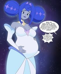 blue_hair blue_hair_female glitch_productions grey_skin grey_skinned_female guinevere holding_pregnant_belly knights_of_guinevere pregnant pregnant_belly pregnant_female princess princess_guinevere royalty white_dress