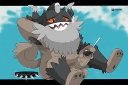 2026 anthro armpit_hair balls belly bodily_fluids body_hair cum digital_drawing_(artwork) digital_media_(artwork) drugs erection fur furry generation_8_pokemon genital_fluids genitals half-closed_eyes hand_behind_head horn humanoid_genitalia humanoid_penis male mammal marijuana masturbation narrowed_eyes nintendo nude open_mouth overweight overweight_male pawpads paws penile penile_masturbation penis perrserker pokemon pokemon_(species) sharp_teeth simple_background sitting smile smoke smoking smoking_marijuana solo spunker tail teeth