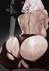 absurd_res ass ass_focus back_view backboob bareback black_panties breasts cyrosucre heart hearts hearts_around_head highres huge_ass lace_panties lace_trim large_ass large_breasts light-skinned_female light_skin nier:_automata nier_(series) oiled panties pantyhose simple_background sitting spoken_heart sword toned toned_female torn_clothes torn_pantyhose underwear virtuous_treaty weapon white_hair yorha_2b