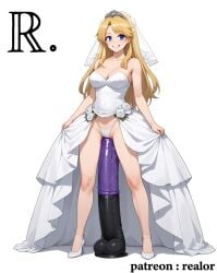 ai_generated blonde_hair dildo female large_dildo ntr patreon_username photosession realor smile solo veiny_dildo wedding_dress